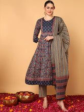 Women Blue Pure Cotton Floral Printed Flared Kurta Trouser With Dupatta
